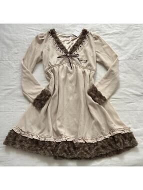 Axes Femme NWT Cream Fur Trim Babydoll Sweater Dress Himekaji Mori Kei M Japan
